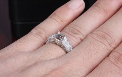 VS/H Diamond Engagement Semi Mount Ring 14K White Gold Setting Princess 5.5mm Milgrain - Lord of Gem Rings