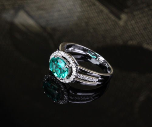 W-E Oval Emerald Diamond Halo Engagement Ring 14k White Gold - Lord of Gem Rings