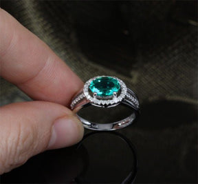 W-E Oval Emerald Diamond Halo Engagement Ring 14k White Gold - Lord of Gem Rings