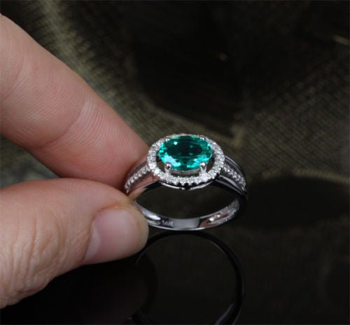 W-E Oval Emerald Diamond Halo Engagement Ring 14k White Gold - Lord of Gem Rings