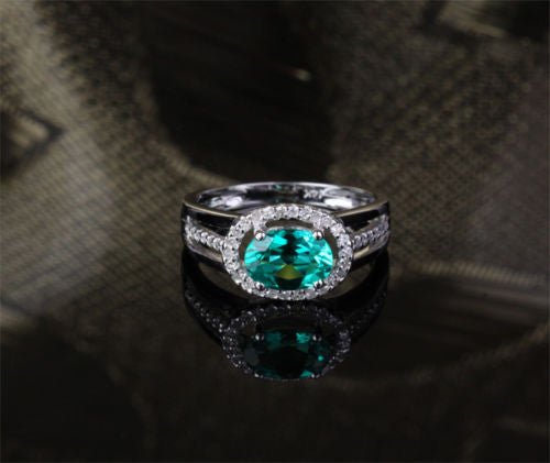 W-E Oval Emerald Diamond Halo Engagement Ring 14k White Gold - Lord of Gem Rings