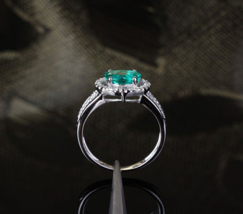 W-E Oval Emerald Diamond Halo Engagement Ring 14k White Gold - Lord of Gem Rings