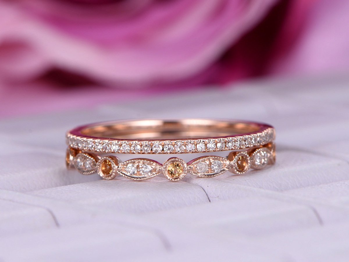 Yellow and White Diamond Stackable Half Eternity Ring Set - Lord of Gem Rings