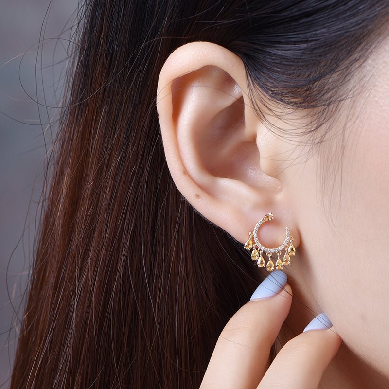 Yellow Sapphire Diamond Dangle Earrings 18K Gold - Lord of Gem Rings