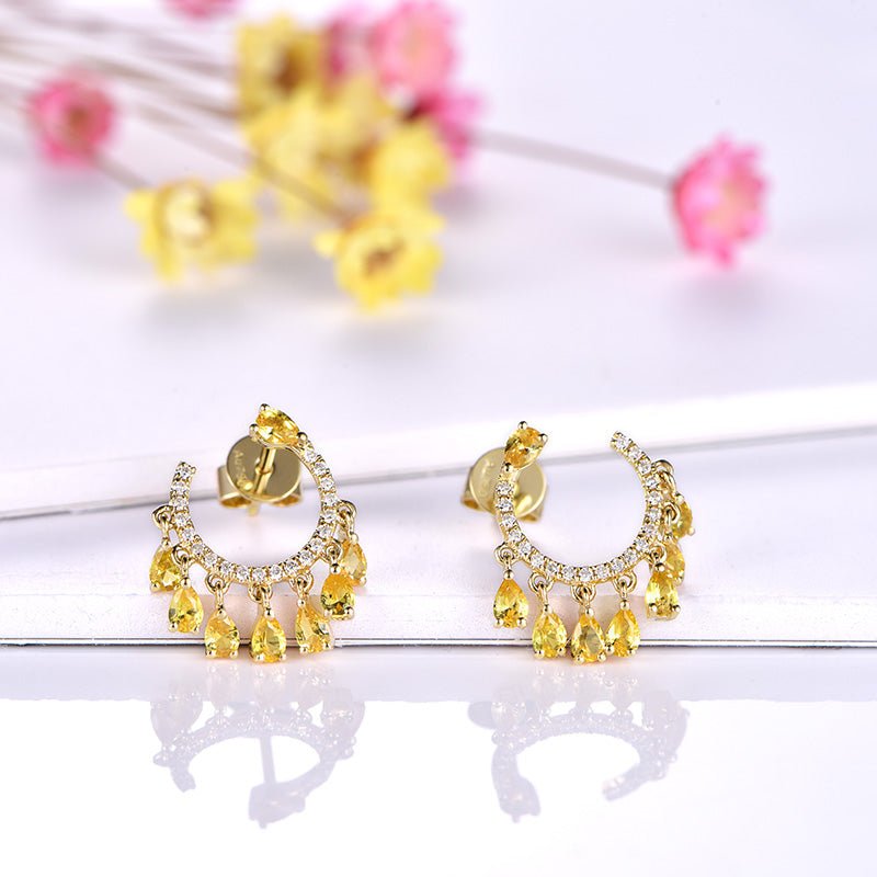 Yellow Sapphire Diamond Dangle Earrings 18K Gold - Lord of Gem Rings