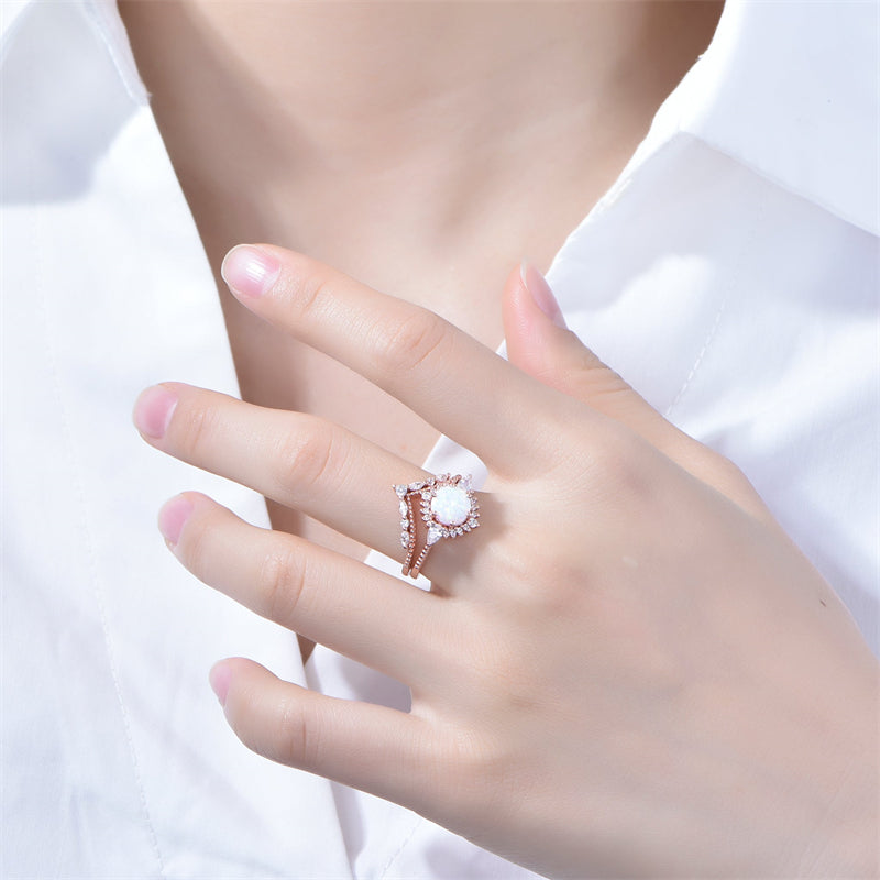 Round Africa Opal Ring Tiara Chevron Diamond Wedding  Bridal Set
