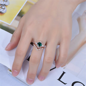 Round Emerald Ring Tiara Chevron Diamond Wedding Bridal Set