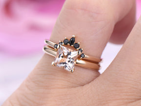 Princess Morganite Solitaire Ring Black Onyx Tiara Bridal Set 14k Yellow Gold