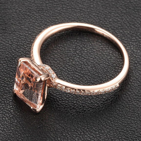 Emerald Cut Morganite Engament Ring Pave  Diamond Wedding 14k Rose Gold 6x8mm - Lord of Gem Rings - 3