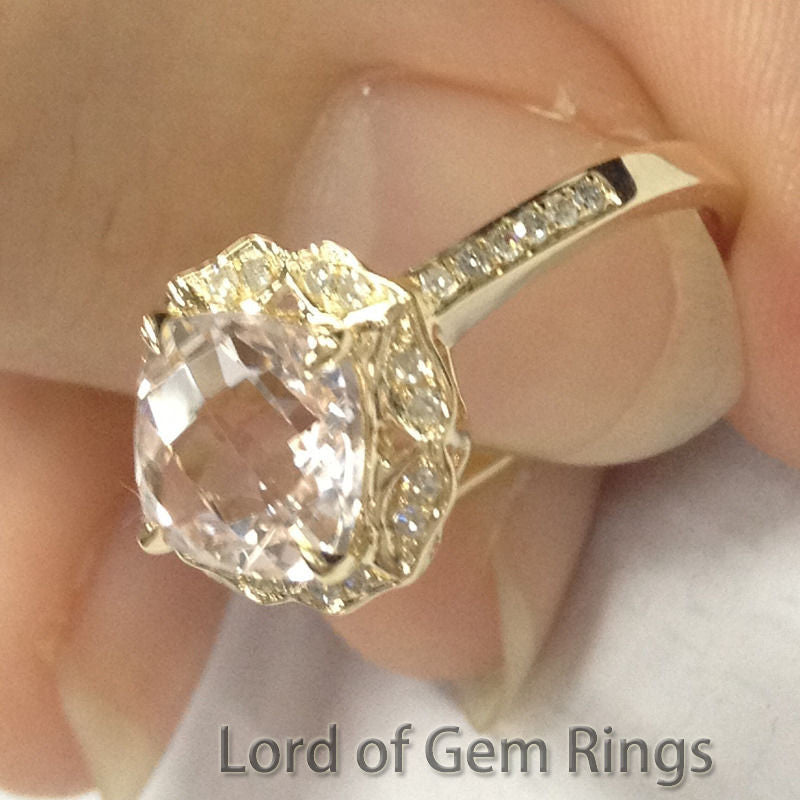 Cushion Morganite Engagement Ring Pave Diamond 14K Yellow Gold Vintage Floral Design 7mm - Lord of Gem Rings - 2