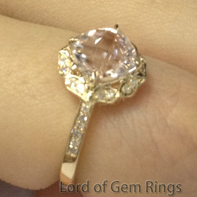 Cushion Morganite Engagement Ring Pave Diamond 14K Yellow Gold Vintage Floral Design 7mm - Lord of Gem Rings - 4