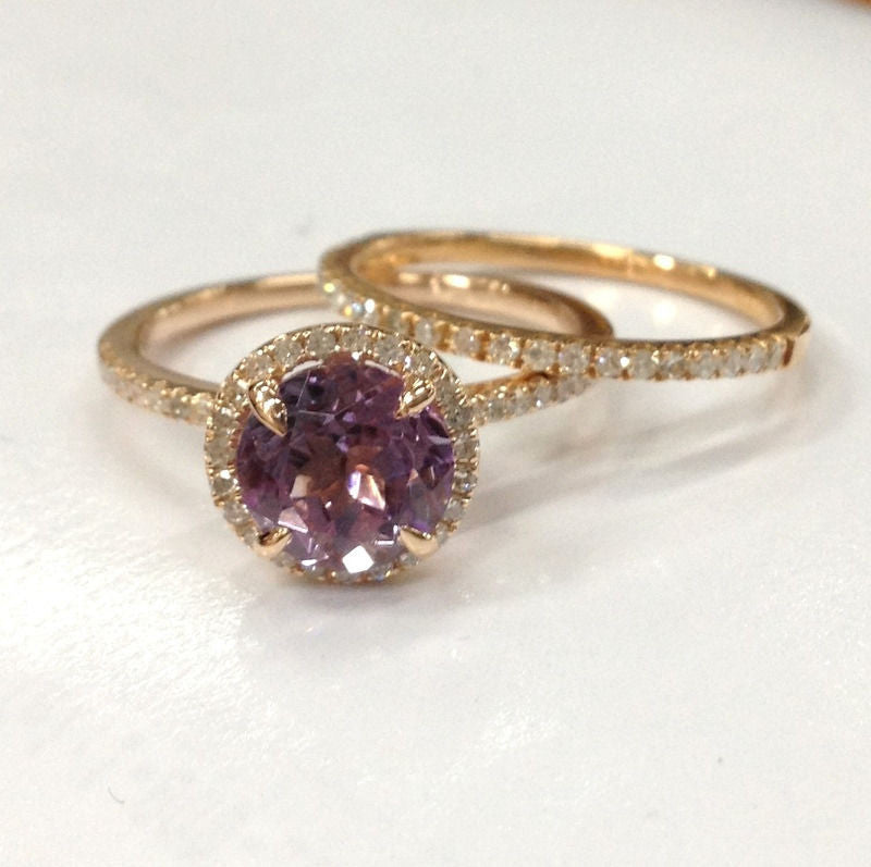 Round Amethyst Engagement Ring Sets Pave Diamond Wedding 14K Rose Gold 7mm - Lord of Gem Rings - 2