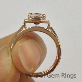 Cushion Morganite Engagement Ring Sets Pave Diamond Wedding 14K Rose Gold 7mm - Lord of Gem Rings - 4