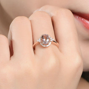 Oval Morganite Engagement Ring Diamond Halo 14K Rose Gold 6x8mm - Lord of Gem Rings - 2
