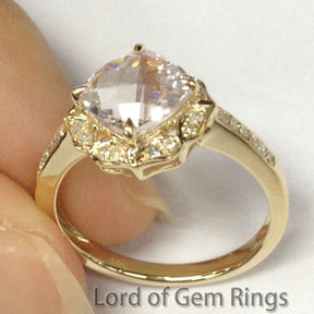 Cushion Morganite Engagement Ring Pave Diamond 14K Yellow Gold Vintage Floral Design 7mm - Lord of Gem Rings - 5