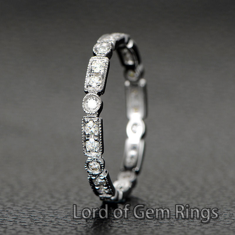 Moissanite Wedding Band Eternity Anniversary Ring 14K White Gold,Bezel Set Art Deco Antique - Lord of Gem Rings - 2