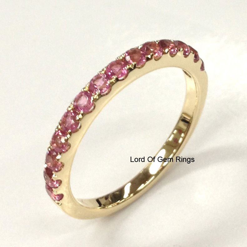 Pink Tourmaline Wedding Band Eternity Anniversary Ring 14K Yellow Gold 2mm - Lord of Gem Rings - 1
