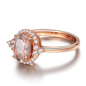 Oval Morganite Engagement Ring Diamond Halo 14K Rose Gold 6x8mm - Lord of Gem Rings - 4