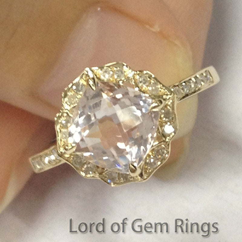 Cushion Morganite Engagement Ring Pave Diamond 14K Yellow Gold Vintage Floral Design 7mm - Lord of Gem Rings - 1