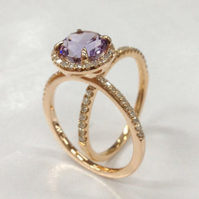 Round Amethyst Engagement Ring Sets Pave Diamond Wedding 14K Rose Gold 7mm - Lord of Gem Rings - 1