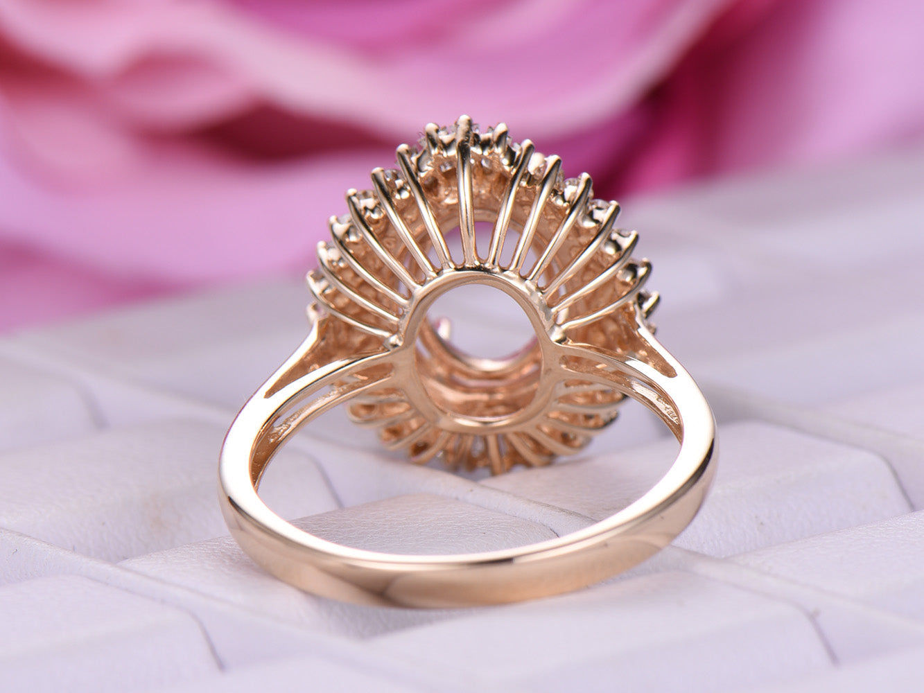 Reserved for AAA Baguette and Round Diamond Shank & Double Halo Semi Mount Ring 14K Gold Oval 6x8mm