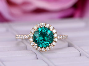 Round Emerald Halo Ring with Moissanite Accents 14k Yellow Gold