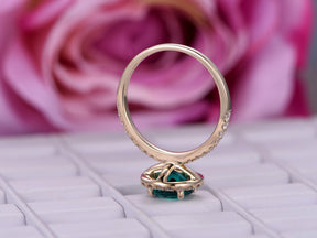 Round Emerald Halo Ring with Moissanite Accents 14k Yellow Gold