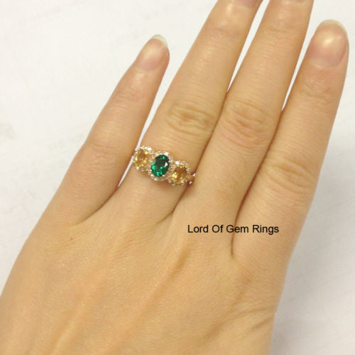 Oval Emerald Citrine Engagement Ring Pave  Diamond Wedding 14K Rose Gold,5x7mm, 4x6mm,Three Stone - Lord of Gem Rings - 3