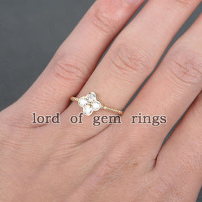 Moissanite Engagement Ring 14K Yellow Gold 3mm Round Four Leaved Clover Floral - Lord of Gem Rings - 3