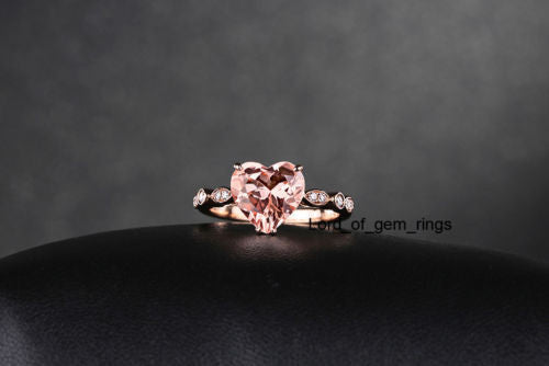 Heart Morganite Engagement Ring Pave Diamond Wedding 14K Rose Gold 8mm  Art Deco - Lord of Gem Rings - 5