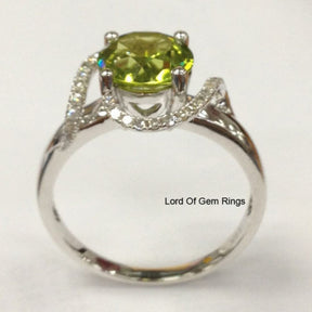 Round Peridot Engagement Ring Pave Diamond Wedding 14K White Gold 8mm  Curved - Lord of Gem Rings - 5