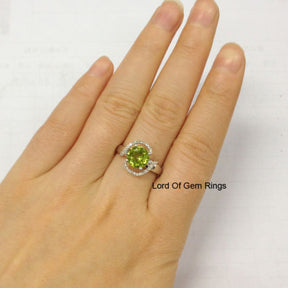 Round Peridot Engagement Ring Pave Diamond Wedding 14K White Gold 8mm  Curved - Lord of Gem Rings - 2