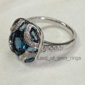 Oval London Blue Topaz Engagement Ring Pave Diamond Wedding 14K White Gold 6x8mm  Art Deco - Lord of Gem Rings - 2