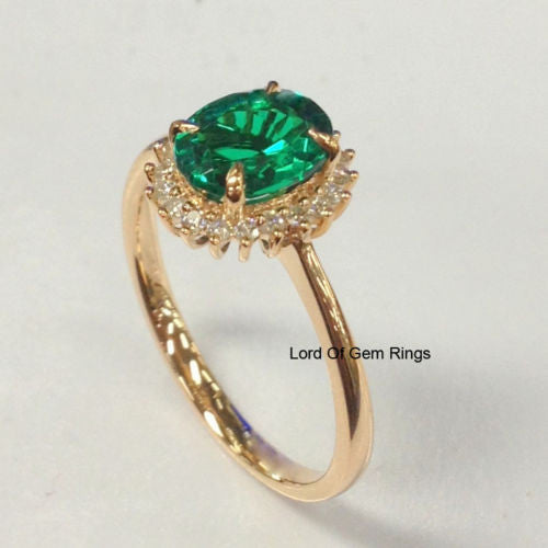 Oval Emerald Engagement Ring  Diamond Halo 14K Rose Gold,6x8mm - Lord of Gem Rings - 5