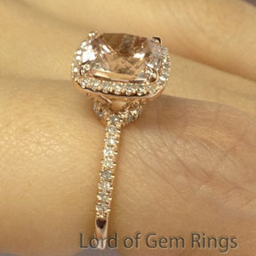 Cushion Morganite Engagement Ring Pave Diamonds Wedding 14K Rose Gold 8mm - Lord of Gem Rings - 4
