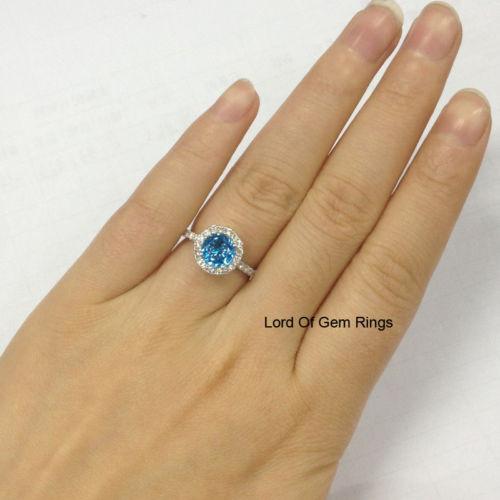 Round Blue Topaz Diamond Halo Engagement Ring 14k White Gold