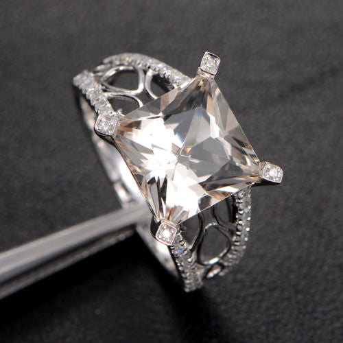 Princess Morganite Engagement Ring Pave Diamond Wedding 14K White Gold 10mm Filigree - Lord of Gem Rings - 2