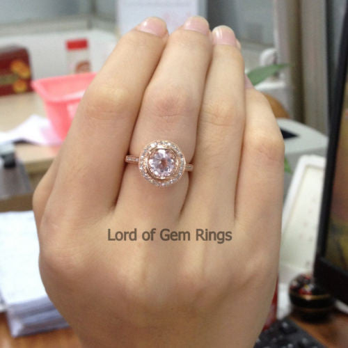 Round Morganite Engagement Ring Pave Diamond Wedding 14K Rose Gold 8mm Bezel - Lord of Gem Rings - 5