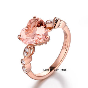 Heart Morganite Engagement Ring Pave Diamond Wedding 14K Rose Gold 8mm  Art Deco - Lord of Gem Rings - 1