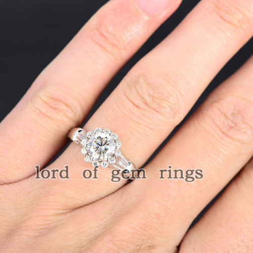 Round Forever Brilliant Moissanite Engagement Ring Pave Moissanite Wedding 14K White Gold 6.5mm Floral - Lord of Gem Rings - 5