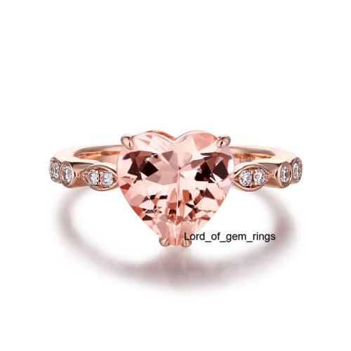 Heart Morganite Engagement Ring Pave Diamond Wedding 14K Rose Gold 8mm  Art Deco - Lord of Gem Rings - 3