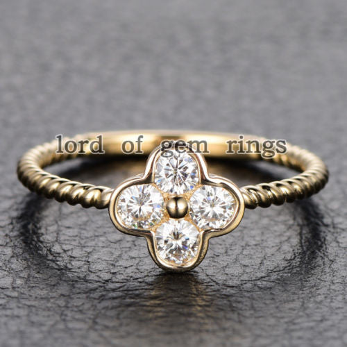 Moissanite Engagement Ring 14K Yellow Gold 3mm Round Four Leaved Clover Floral - Lord of Gem Rings - 1