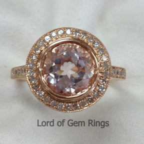Round Morganite Engagement Ring Pave Diamond Wedding 14K Rose Gold 8mm Bezel - Lord of Gem Rings - 2
