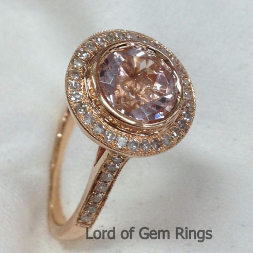 Round Morganite Engagement Ring Pave Diamond Wedding 14K Rose Gold 8mm Bezel - Lord of Gem Rings - 1
