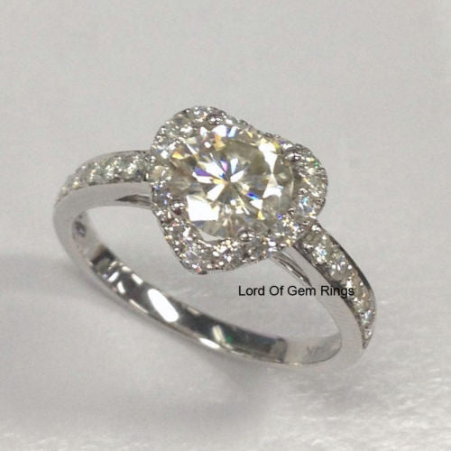 Round Moissanite Engagement Ring Heart Shaped Halo Diamond Wedding 14K White Gold 6.5mm - Lord of Gem Rings - 1