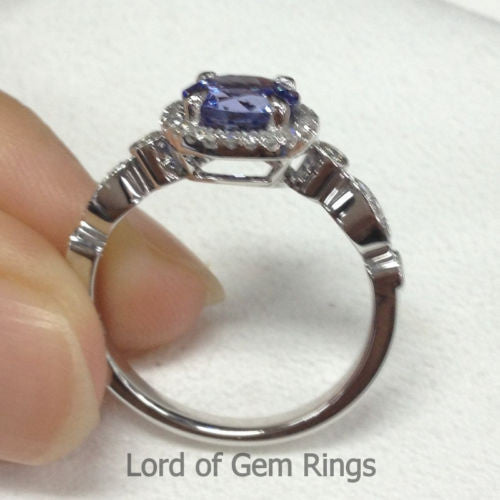 Round Tanzanite Engagement Ring Pave Diamond Wedding 14K White Gold 7mm  Art Deco Claw Prongs - Lord of Gem Rings - 4