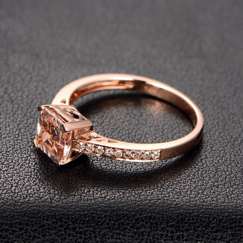 Asscher Morganite Engagement Ring Pave Diamond Wedding 14K Rose Gold - Lord of Gem Rings - 2
