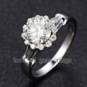 Round Forever Brilliant Moissanite Engagement Ring Pave Moissanite Wedding 14K White Gold 6.5mm Floral - Lord of Gem Rings - 1