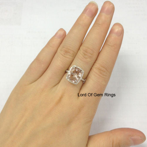 Reserved for Jennifer, Cushion Morganite Engagement Ring Pave Diamond 14K White Gold - Lord of Gem Rings - 6