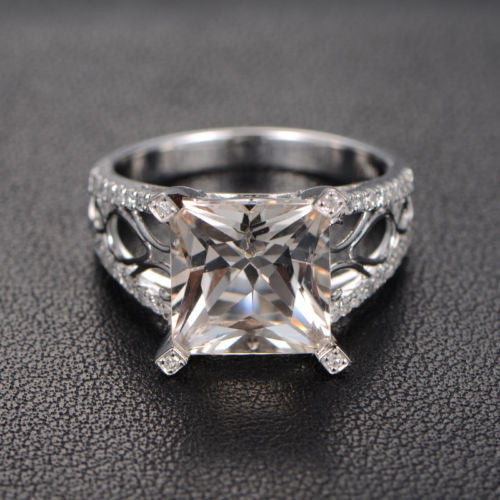 Princess Morganite Engagement Ring Pave Diamond Wedding 14K White Gold 10mm Filigree - Lord of Gem Rings - 3